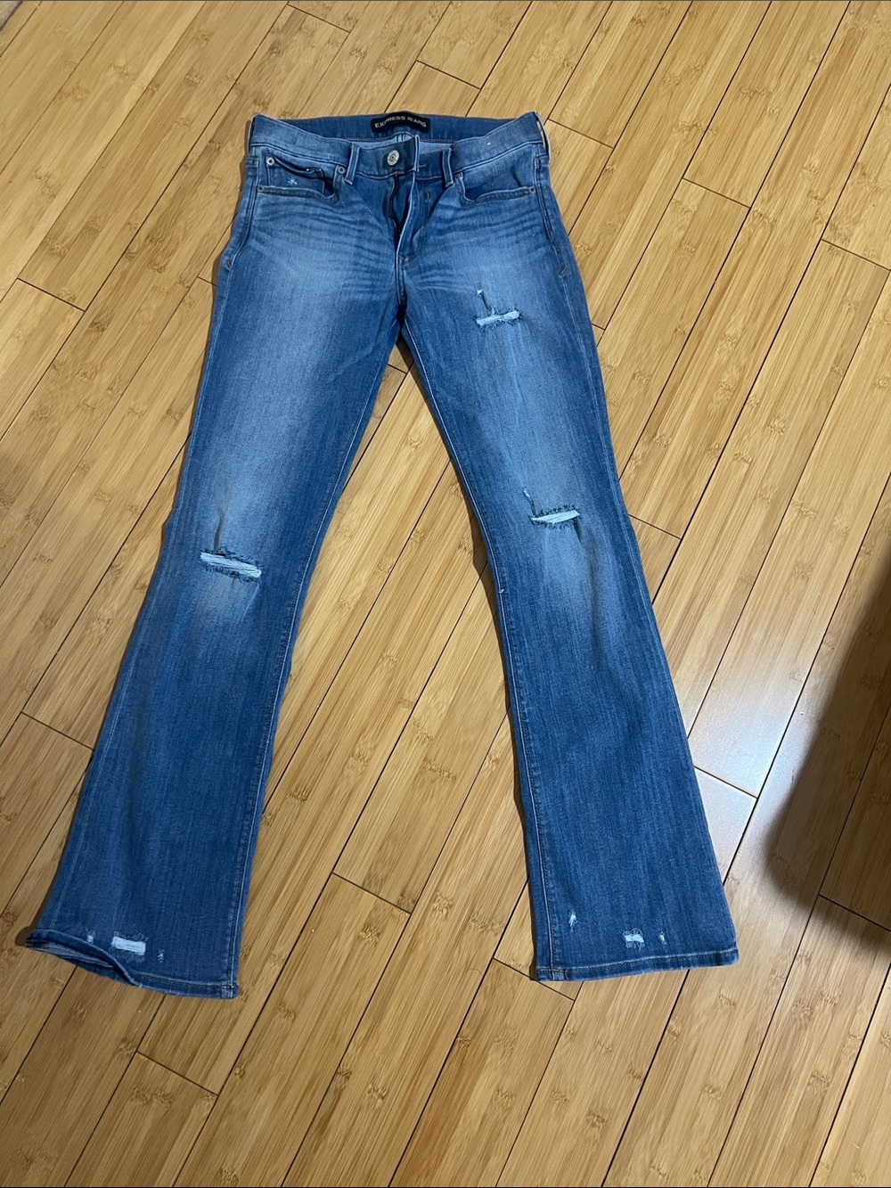 Express Distressed Blue Flare Jeans